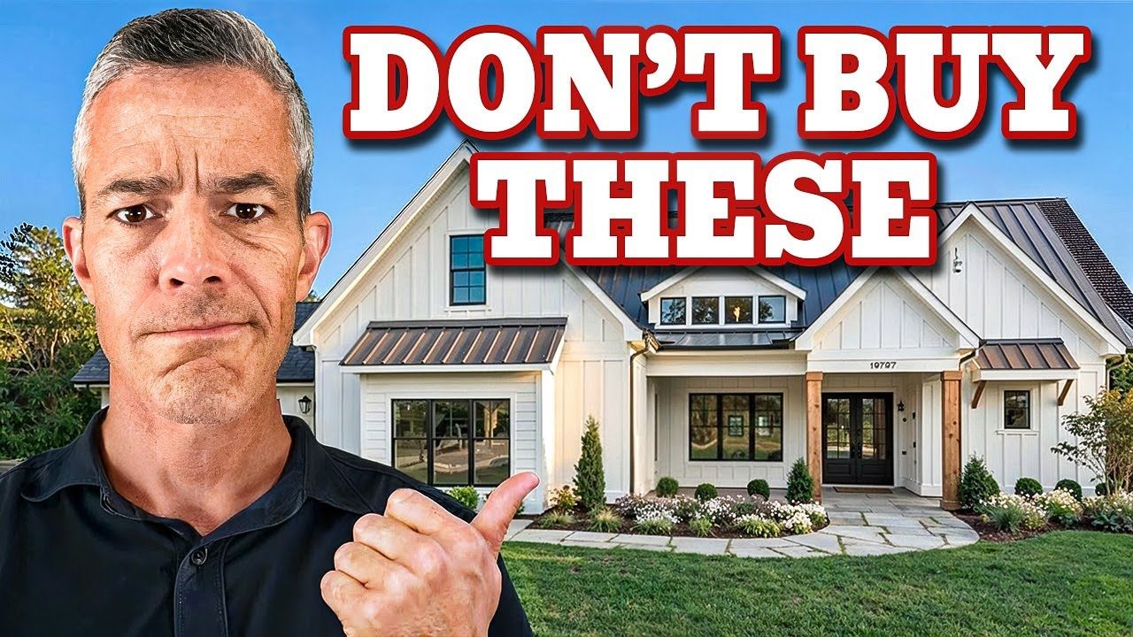 Man pointing at a white house; text