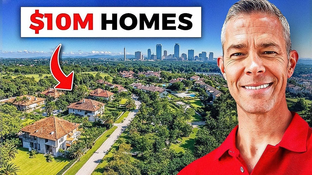 Man in red shirt smiling next to aerial view of upscale homes with $10M Homes text.