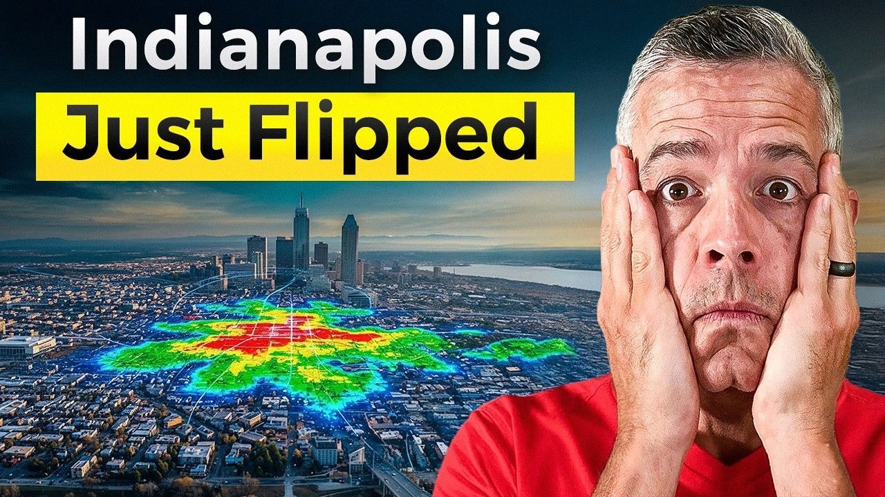 Man with surprised expression, hands on face, with Indianapolis skyline and a colorful heat map overlay behind him.