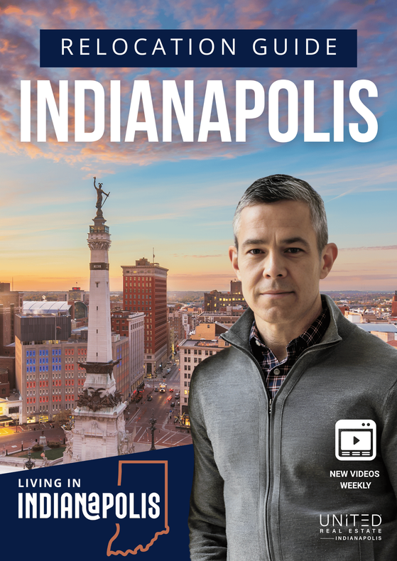 A man is standing in front of a city skyline on the cover of a relocation guide for indianapolis.
