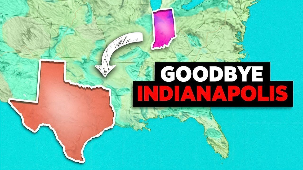 Map with a Texas outline pointing to Indiana, text reads 