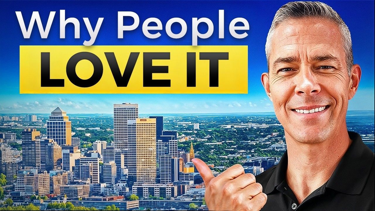 Man points towards a cityscape with a 