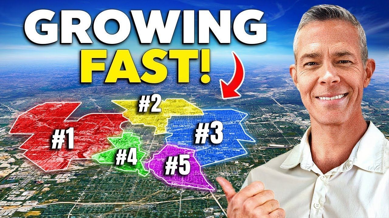 Man pointing at colored areas of a city labeled #1-#5, text: GROWING FAST!