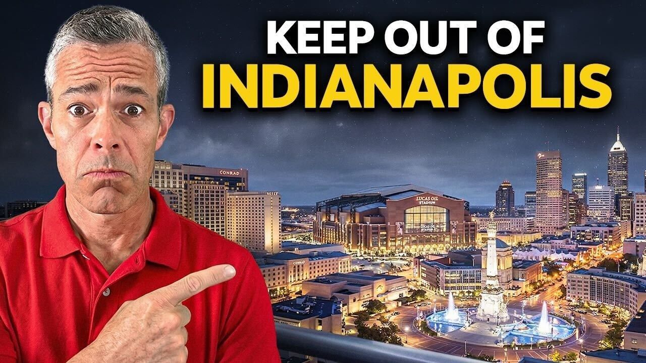 Man in red shirt pointing at Indianapolis skyline with bold text “KEEP OUT OF INDIANAPOLIS”