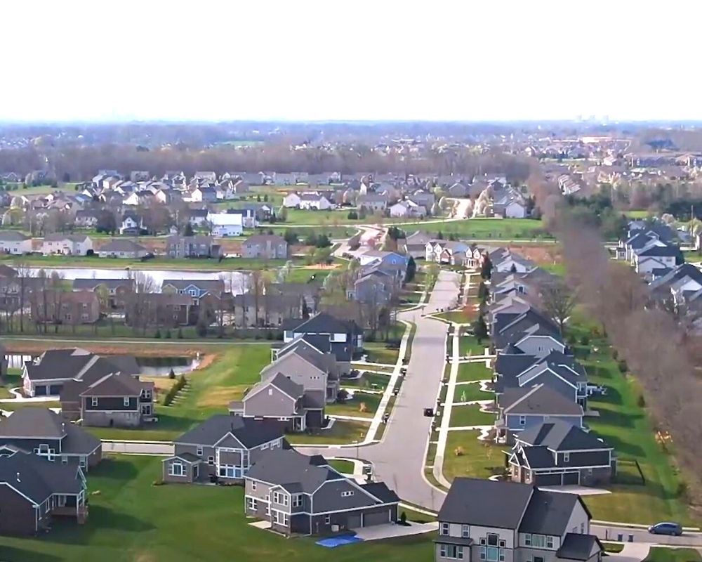 aerial view of a Carmel IN neighborhood, East vs West Carmel Indiana aerial view of a Carmel IN neighborhood, East vs West Carmel Indiana