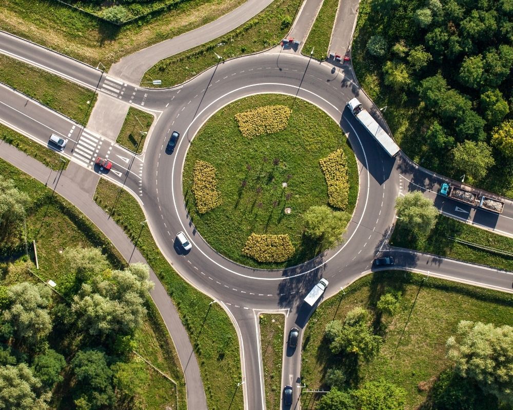 aerial view of a roundabout, Roads and infrastructure in Carmel Indiana aerial view of a roundabout, Roads and infrastructure in Carmel Indiana