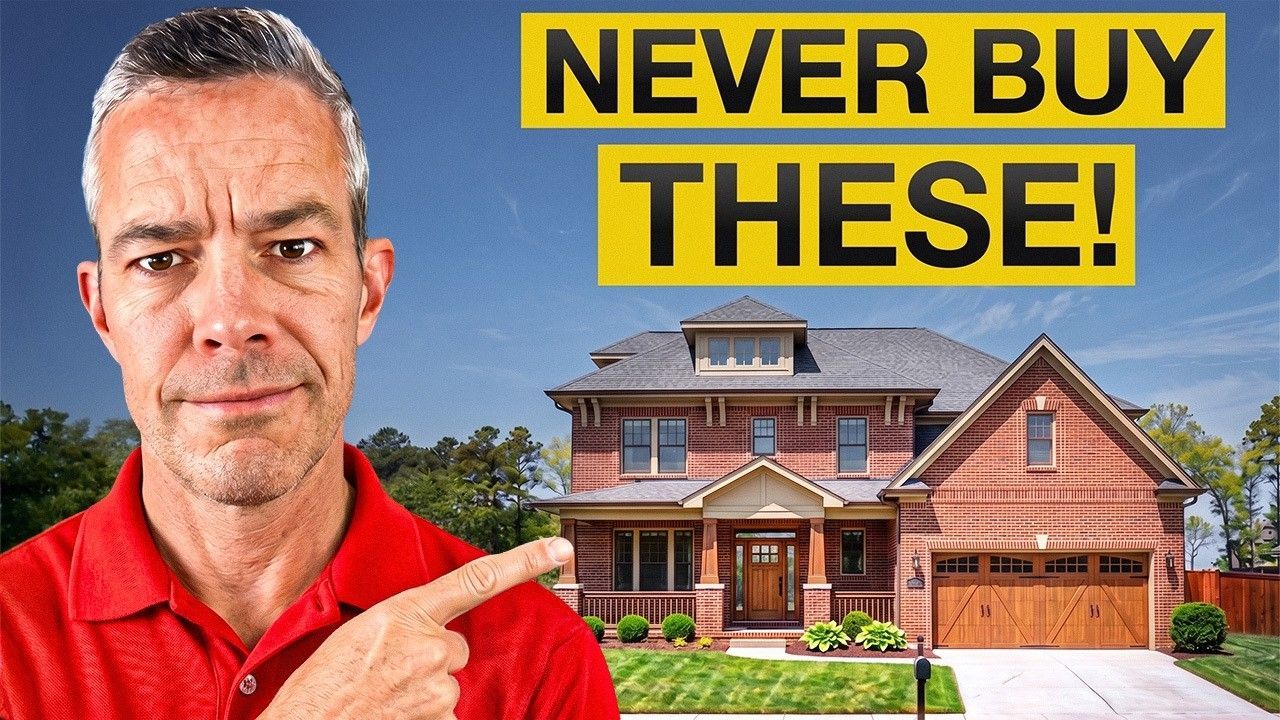Man in red shirt pointing at house with bold text, “NEVER BUY THESE!”