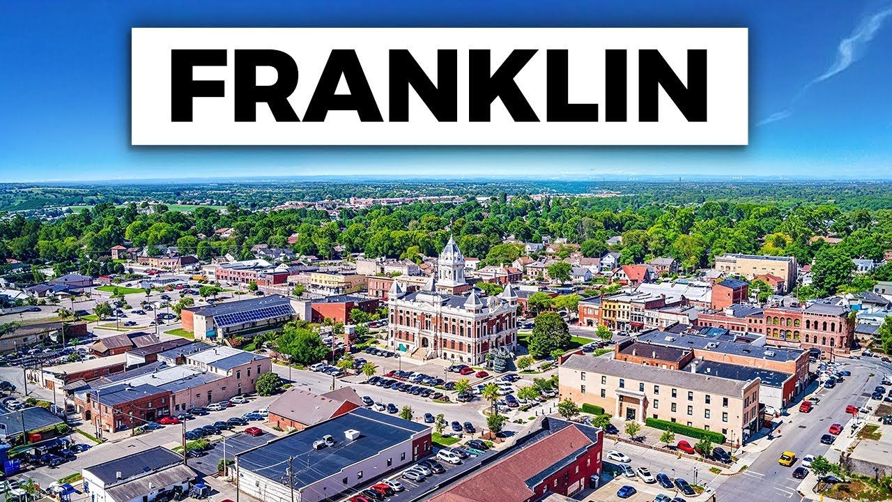 Aerial view of Franklin, Ohio downtown area with a sign that says 