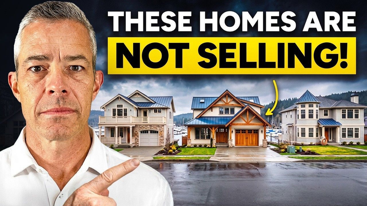 Man pointing at houses with bold text: “THESE HOMES ARE NOT SELLING!”