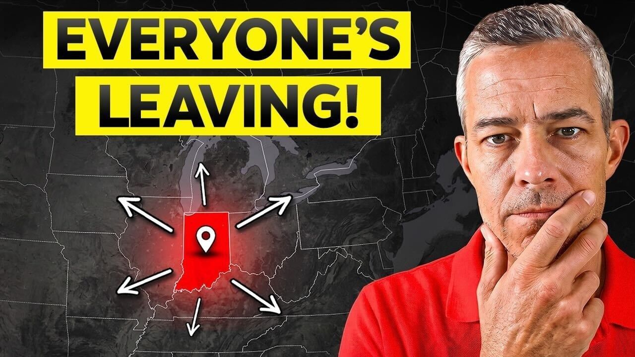 Bold thumbnail with “EVERYONE’S LEAVING!” text, red location pin with arrows, and a man looking thoughtful