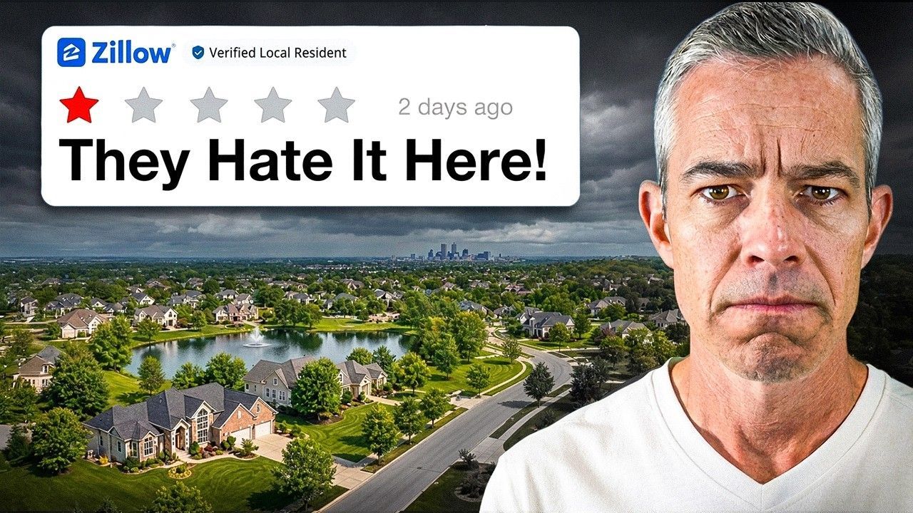Zillow-style banner over suburban neighborhood with a stern man and text, “They Hate It Here!”