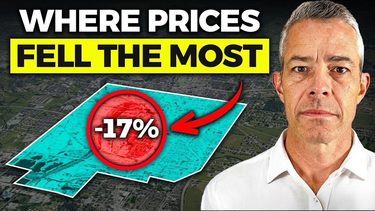 Thumbnail with text “WHERE PRICES FELL THE MOST,” a red -17% badge, arrow, and man on teal background
