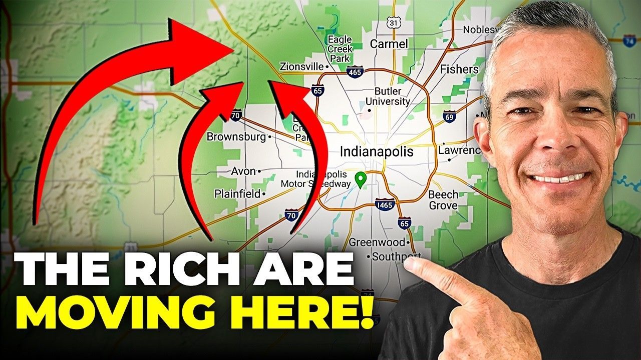 Man points at a map with red arrows and text reading “THE RICH ARE MOVING HERE!”