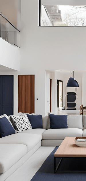 A living room with a couch and a coffee table