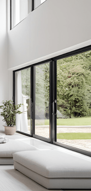 A living room with a lot of windows and a couch.