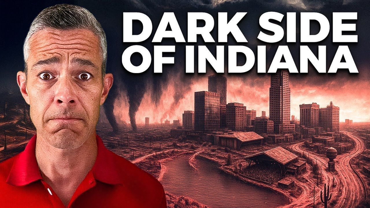 A man in a red shirt is standing in front of a city.