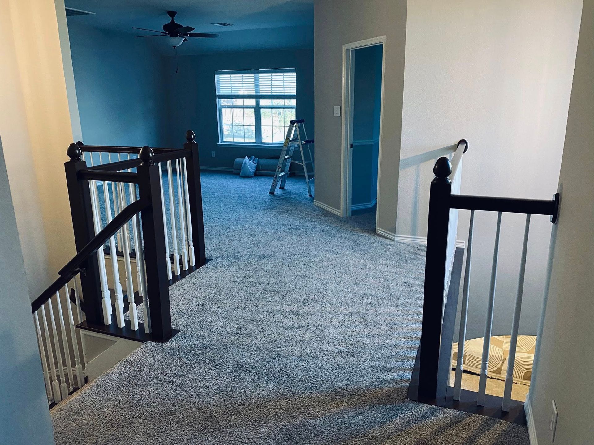 Interior view of a hallway with carpet, stairs, and a room in the background, a ladder is present.