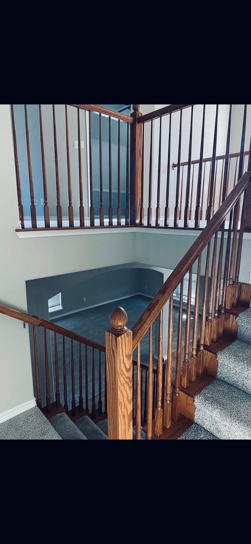 Wooden staircase with dark brown handrails and spindles, carpeted stairs, and a dark storage area below.