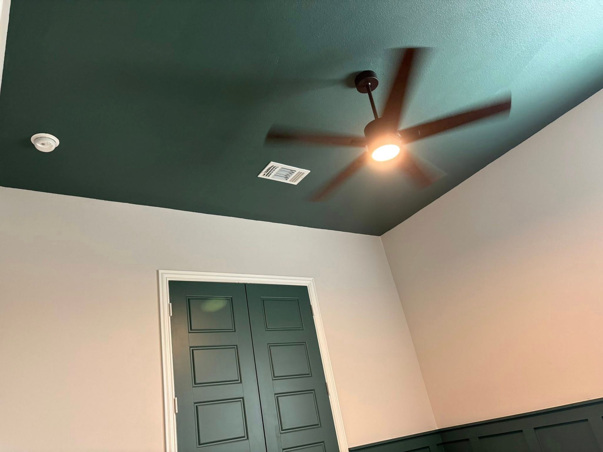 Green ceiling with ceiling fan, green door, and light-colored walls.