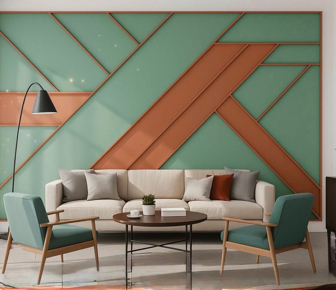 Living room with green accent wall, cream sofa, teal chairs, and wooden coffee table.