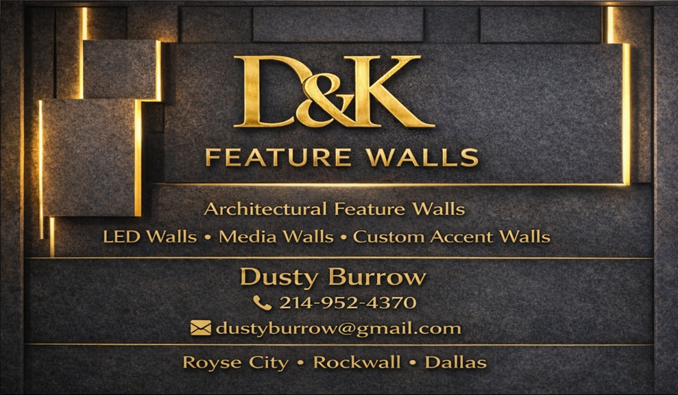 D&K Demo and Handyman Logo for D & K Demo and Handyman, with phone number 214-952-4370. Gold text and graphic on a black background.