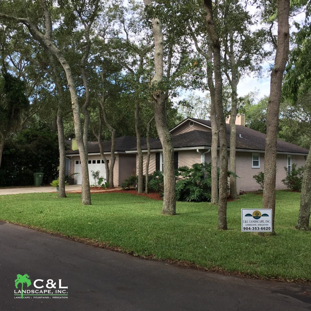 A house with a brown roof and tan walls surrounded by trees on a green lawn; C&L landscaping logo.