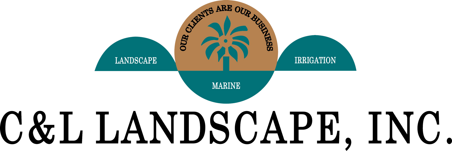 Green palm tree and teal "C&L" text logo. "LANDSCAPE, INC." below, with services listed below.