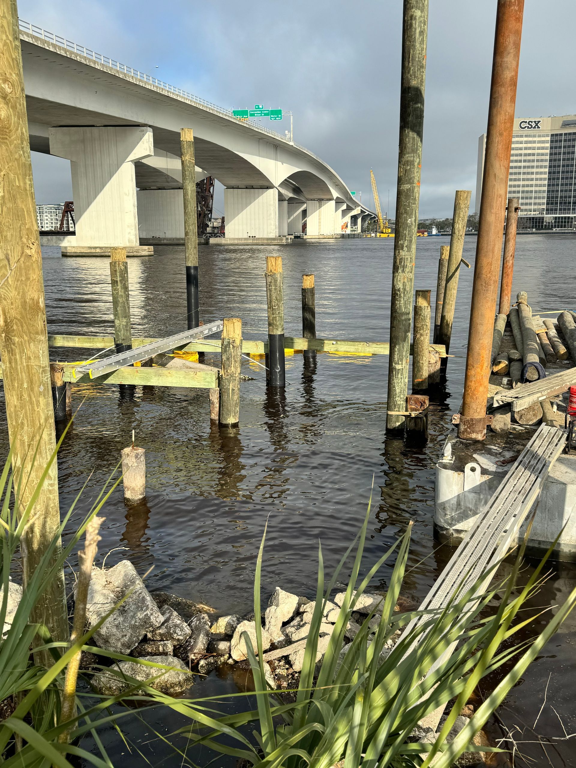 View of a bridge over water with wooden pilings in the foreground, and foliage.