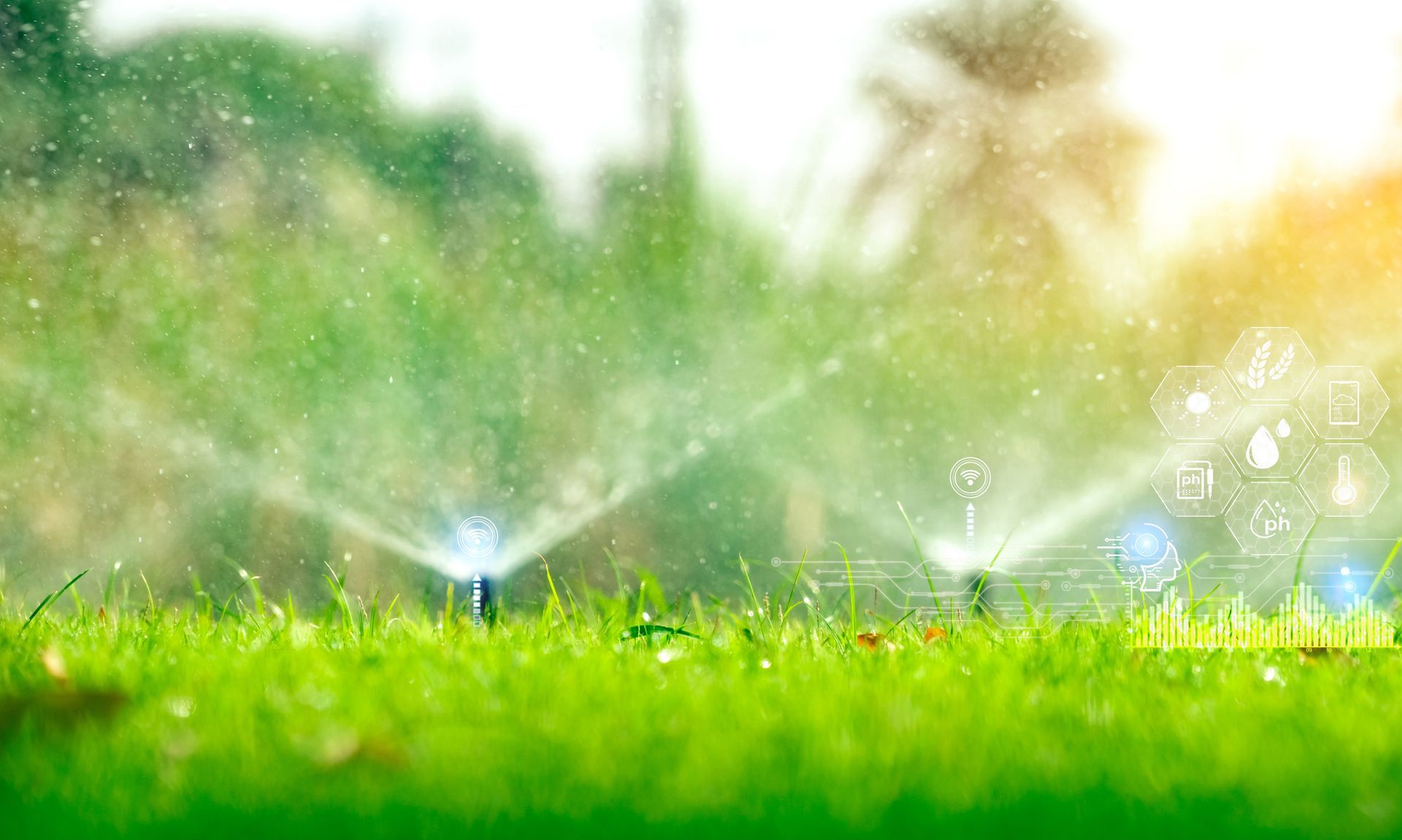 Sunlit green grass with water droplets and soft bokeh in the background