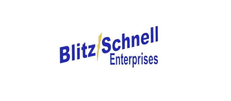 Logo for Blitz Schnell Enterprises in dark blue with a yellow lightning bolt between the words.