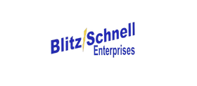 Logo for Blitz Schnell Enterprises in dark blue with a yellow lightning bolt between the words.