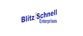 Logo for Blitz Schnell Enterprises in dark blue with a yellow lightning bolt between the words.