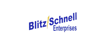 Logo for Blitz Schnell Enterprises in dark blue with a yellow lightning bolt between the words.