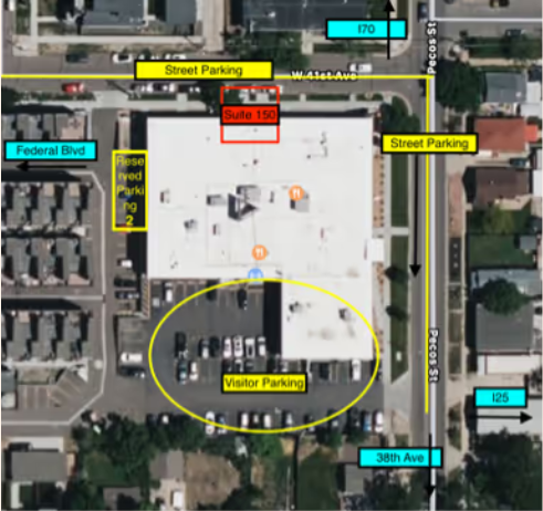 Google Earth view of Balanced Healthcare clinic with parking areas marked