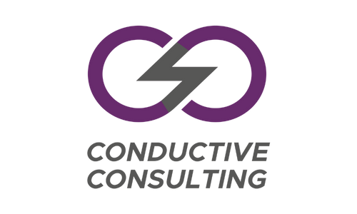 Purple infinity symbol with gray lightning bolt, "CONDUCTIVE CONSULTING" text.
