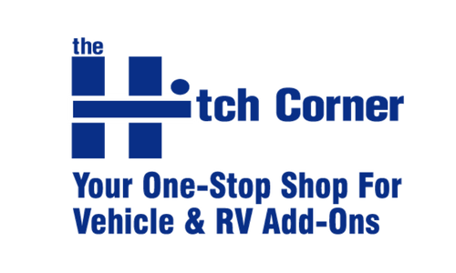 Logo for "The Hitch Corner": Blue stylized "H" with text, "Your One-Stop Shop For Vehicle & RV Add-Ons".