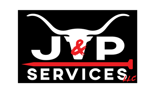 Logo: White longhorn skull over "J & P", red ampersand, Services, and nail. Black background.