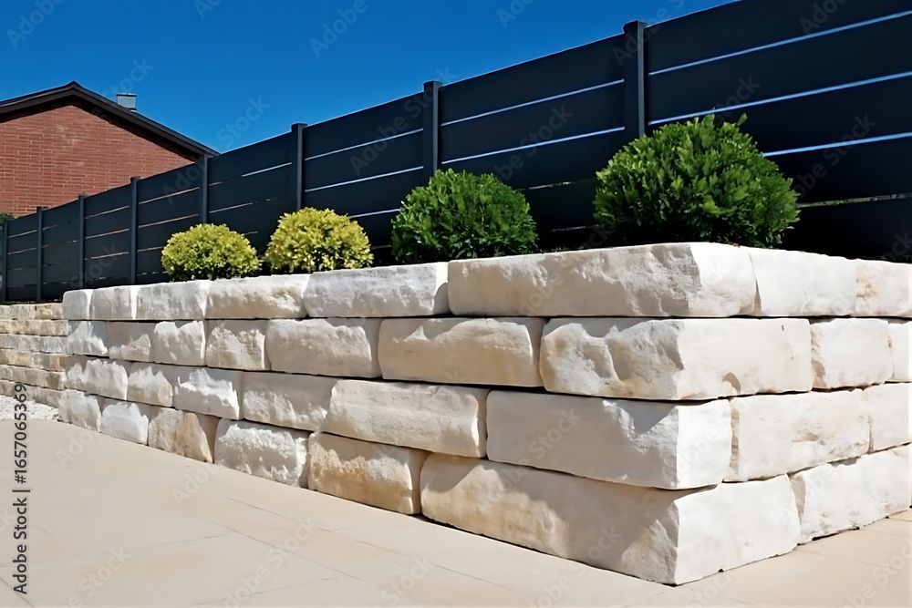 Mur de soutènement en pierre avec des arbustes, adossé à une clôture sombre et à un ciel bleu.