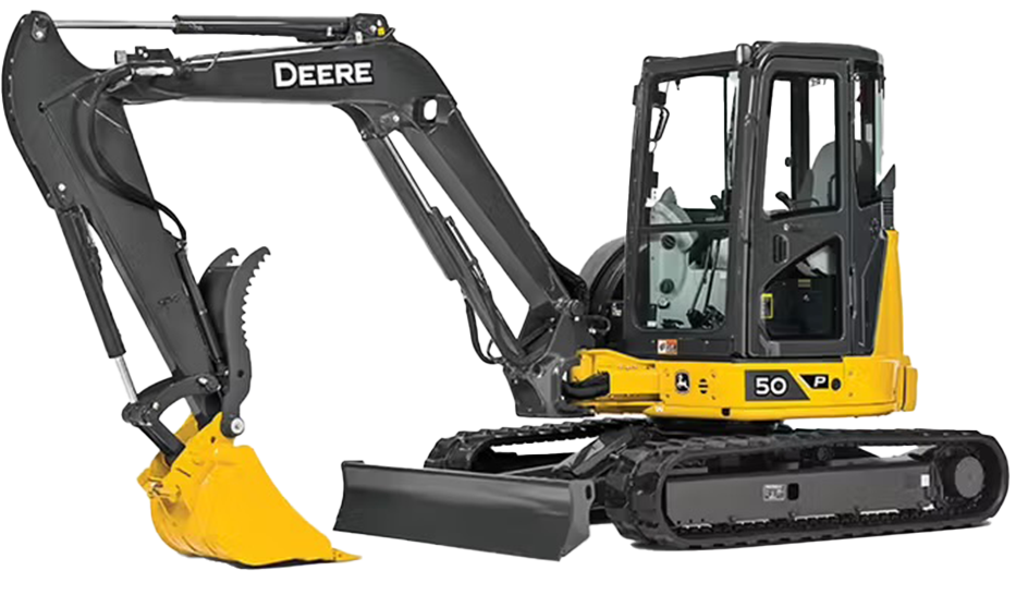 Mini-pelle John Deere 50G jaune et noire sur chenilles avec bras et godet levés.