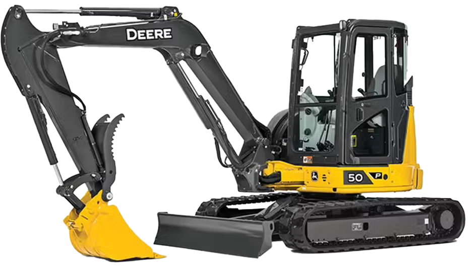 Mini-pelle John Deere 50G jaune et noire sur chenilles avec bras et godet levés.