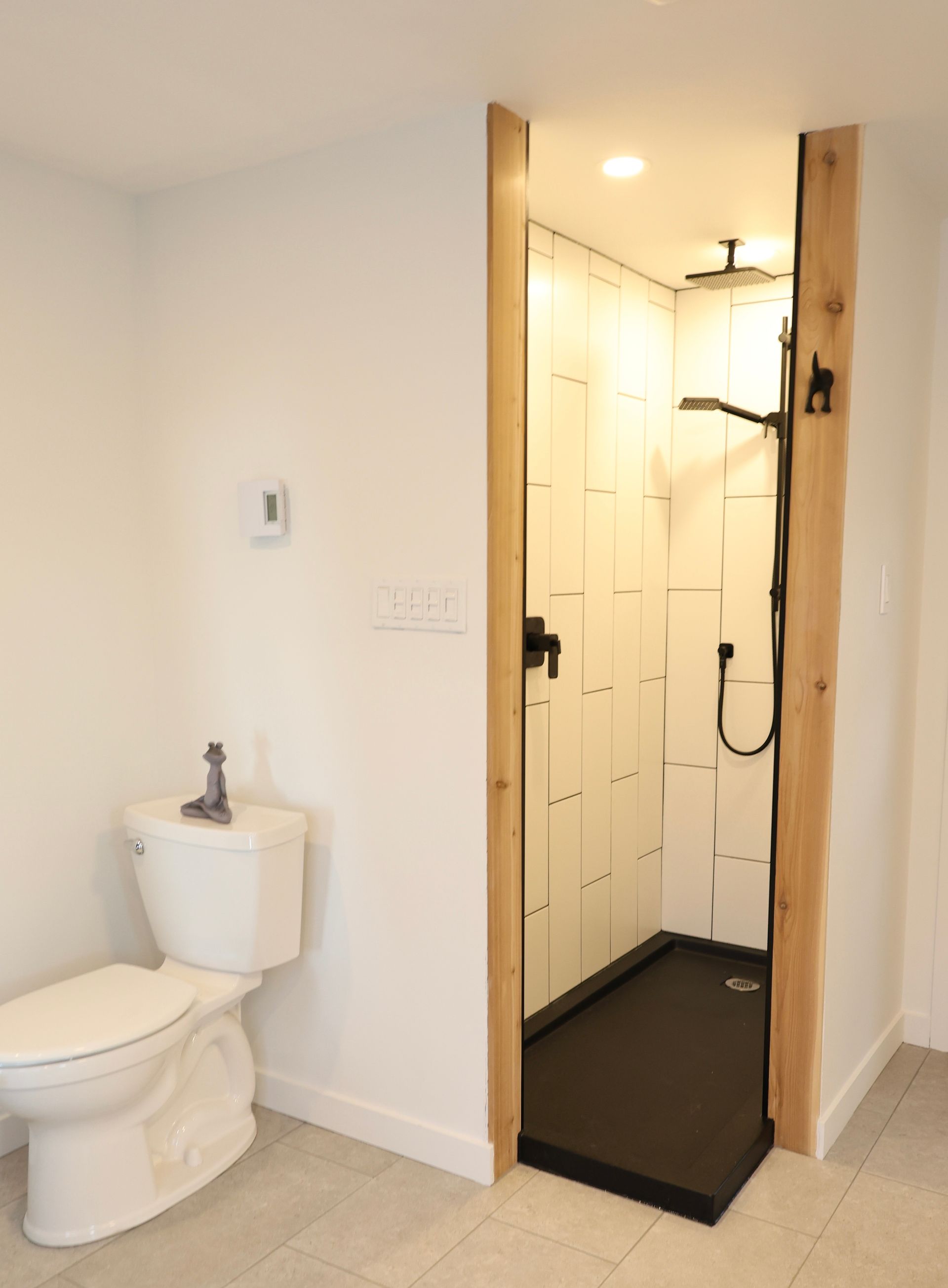 Salle de bains avec murs blancs, toilettes et douche à l'italienne avec robinetterie noire et receveur foncé.