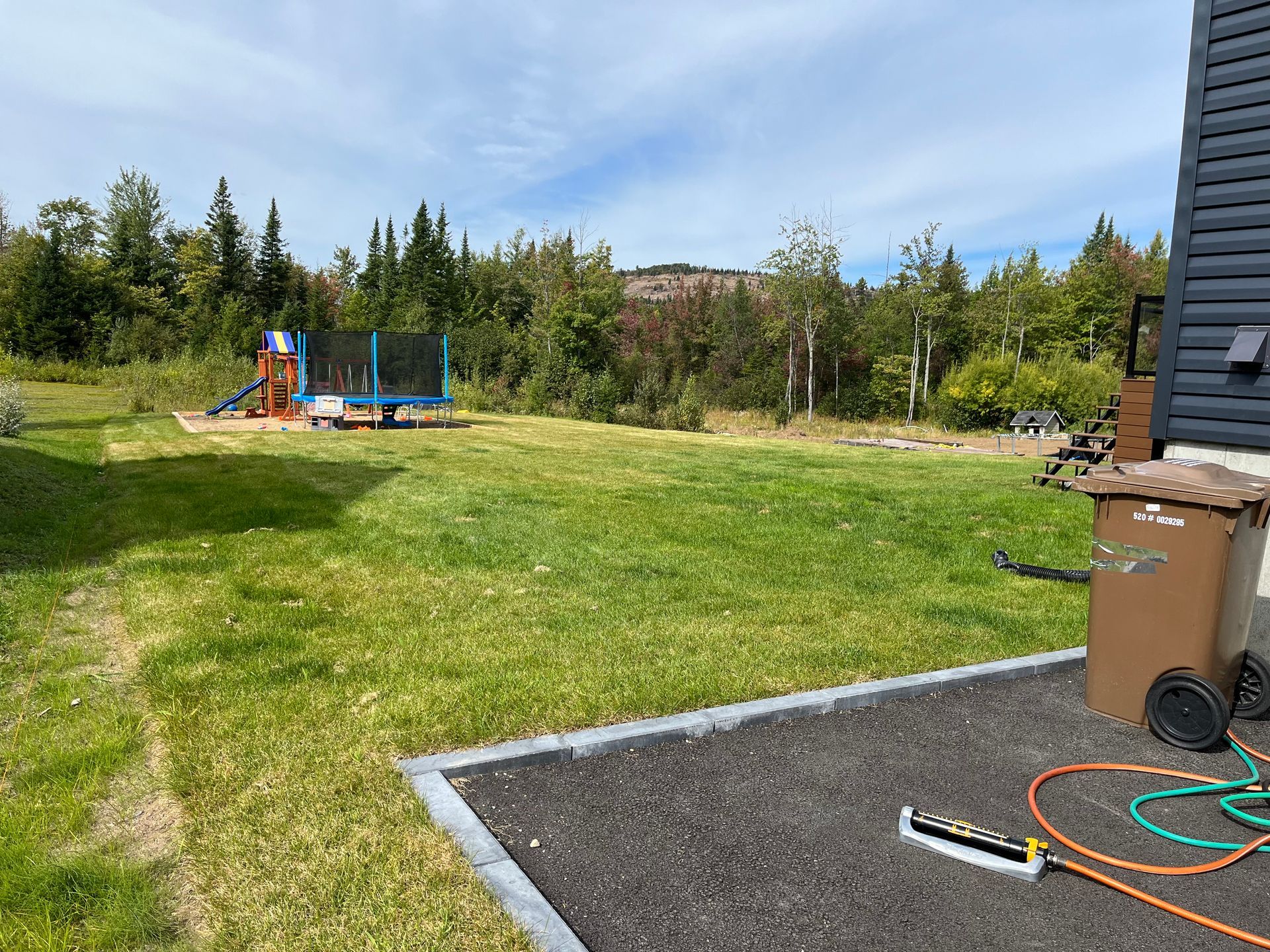 Pelouse verte avec trampoline et aire de jeux en arrière-plan, journée ensoleillée.