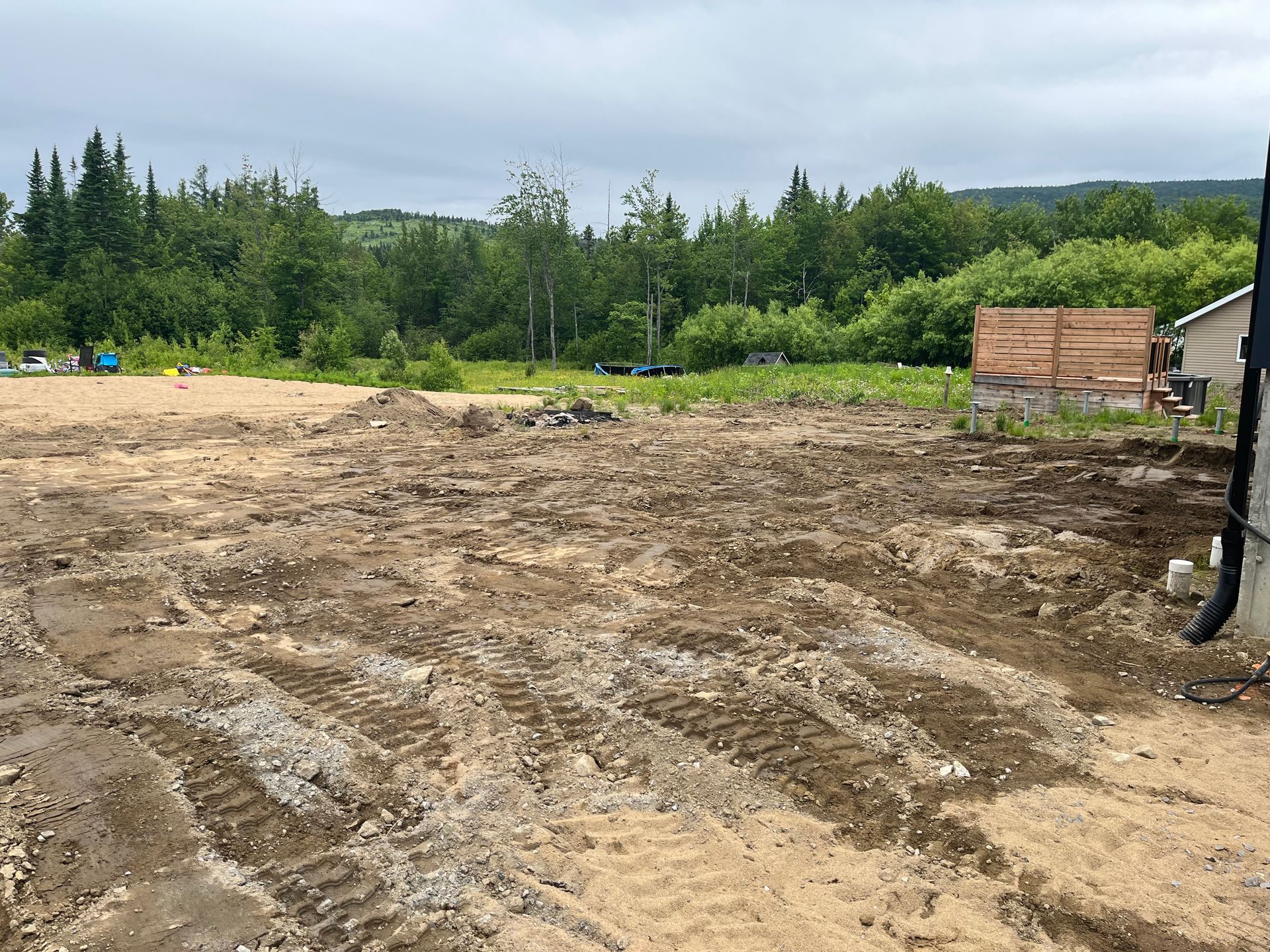 Terrain vague avec traces de pneus, partiellement défriché, laissant entrevoir la forêt et un bâtiment. Ciel couvert.