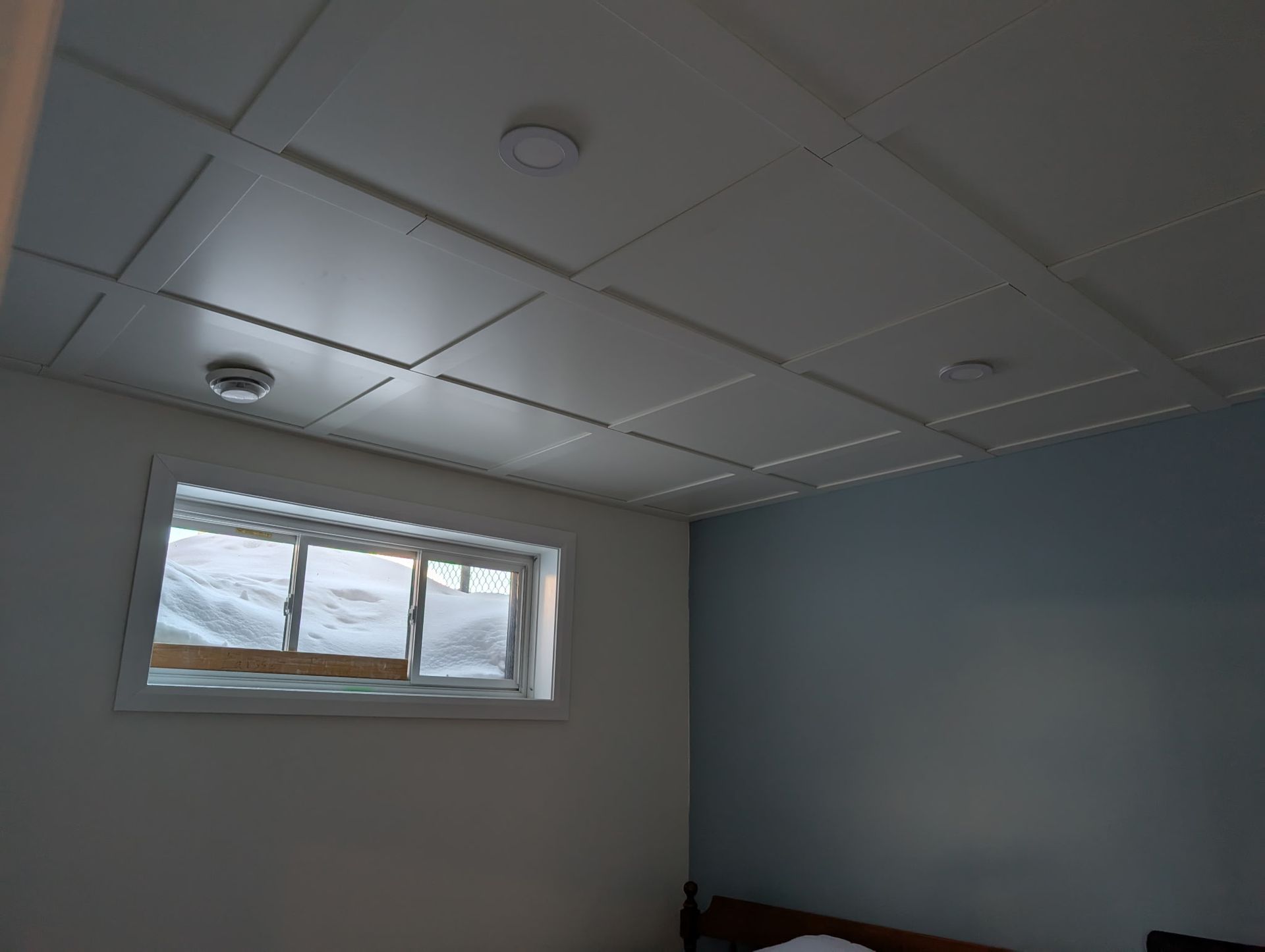 Pièce au sous-sol avec plafond en dalles blanches, fenêtre et mur bleu. Comprend deux plafonniers et un détecteur de fumée.