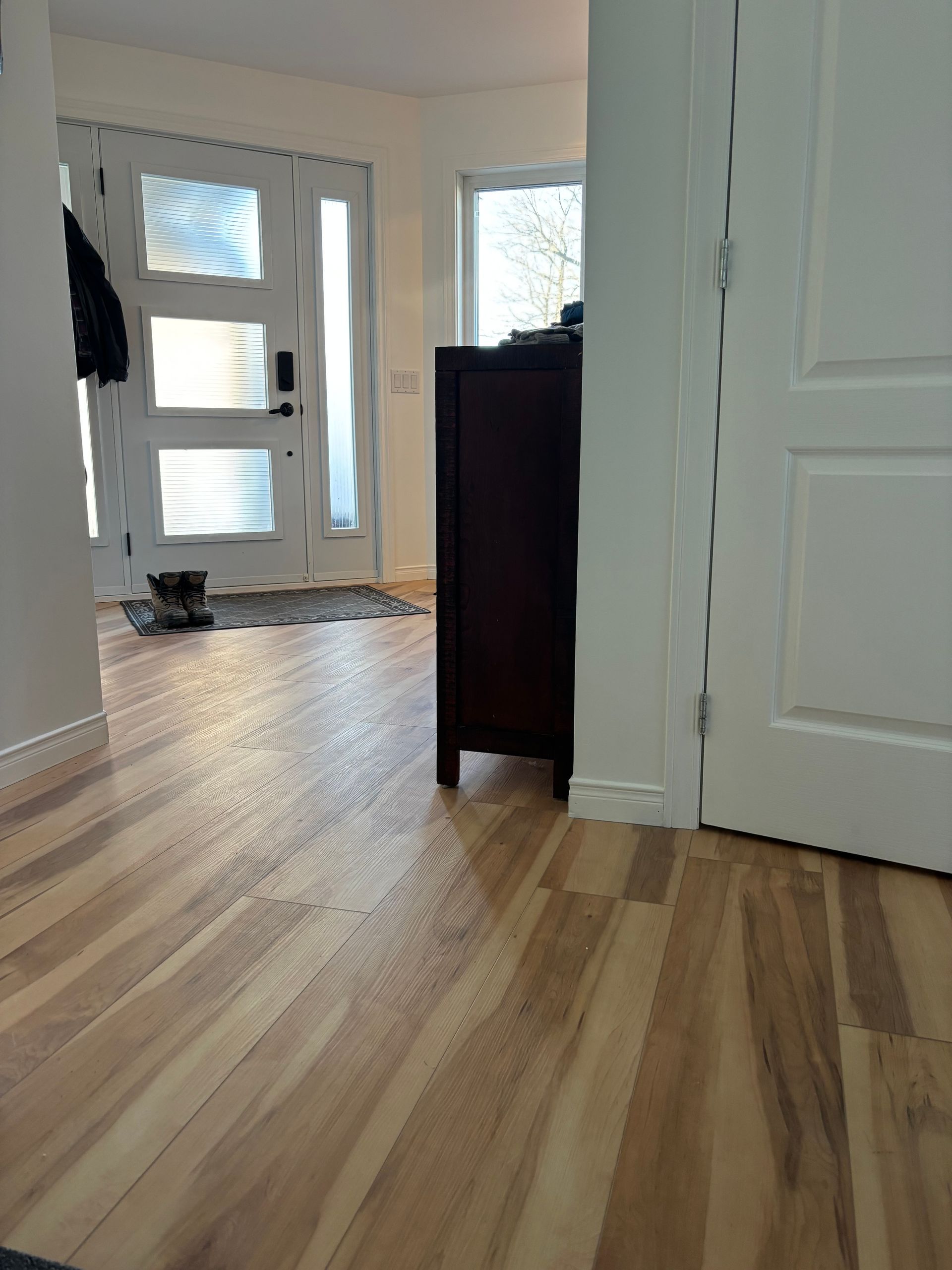 Sol en bois, entrée avec meuble sombre, portes blanches et lumière naturelle.