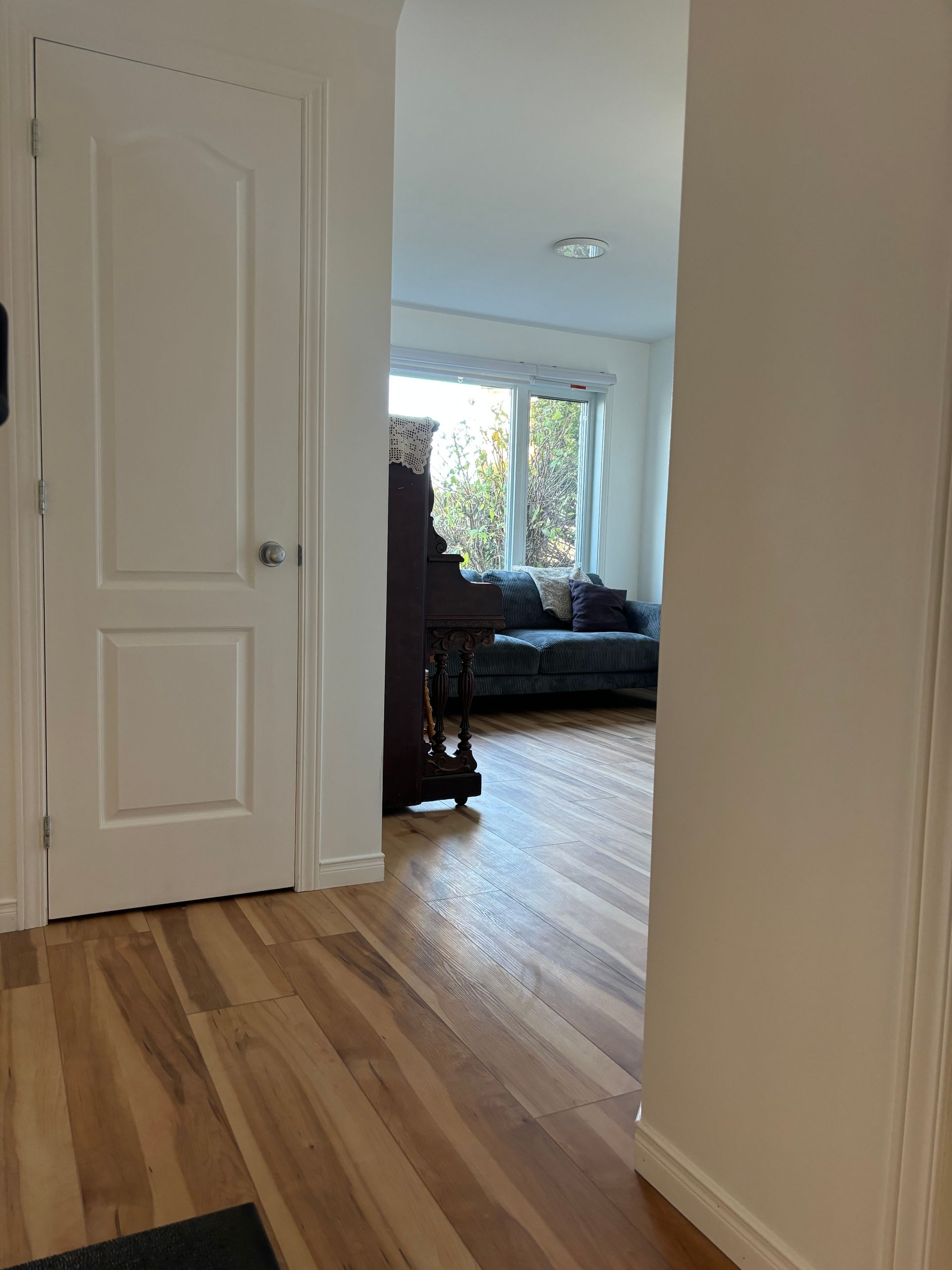 Couloir avec parquet, une porte blanche fermée sur la gauche et un salon avec un piano en arrière-plan.