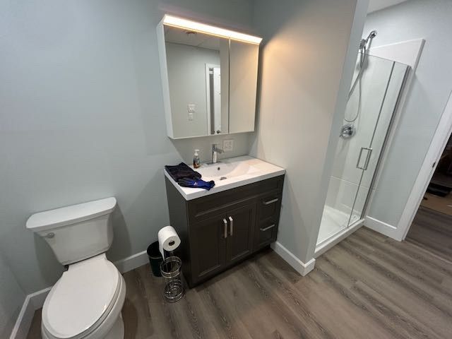 Salle de bains avec toilettes, lavabo et douche. Murs et sol gris.