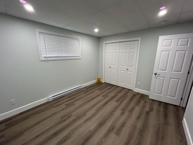 Pièce vide avec sol imitation bois, murs vert clair, placard et porte blancs, petite fenêtre et radiateur.