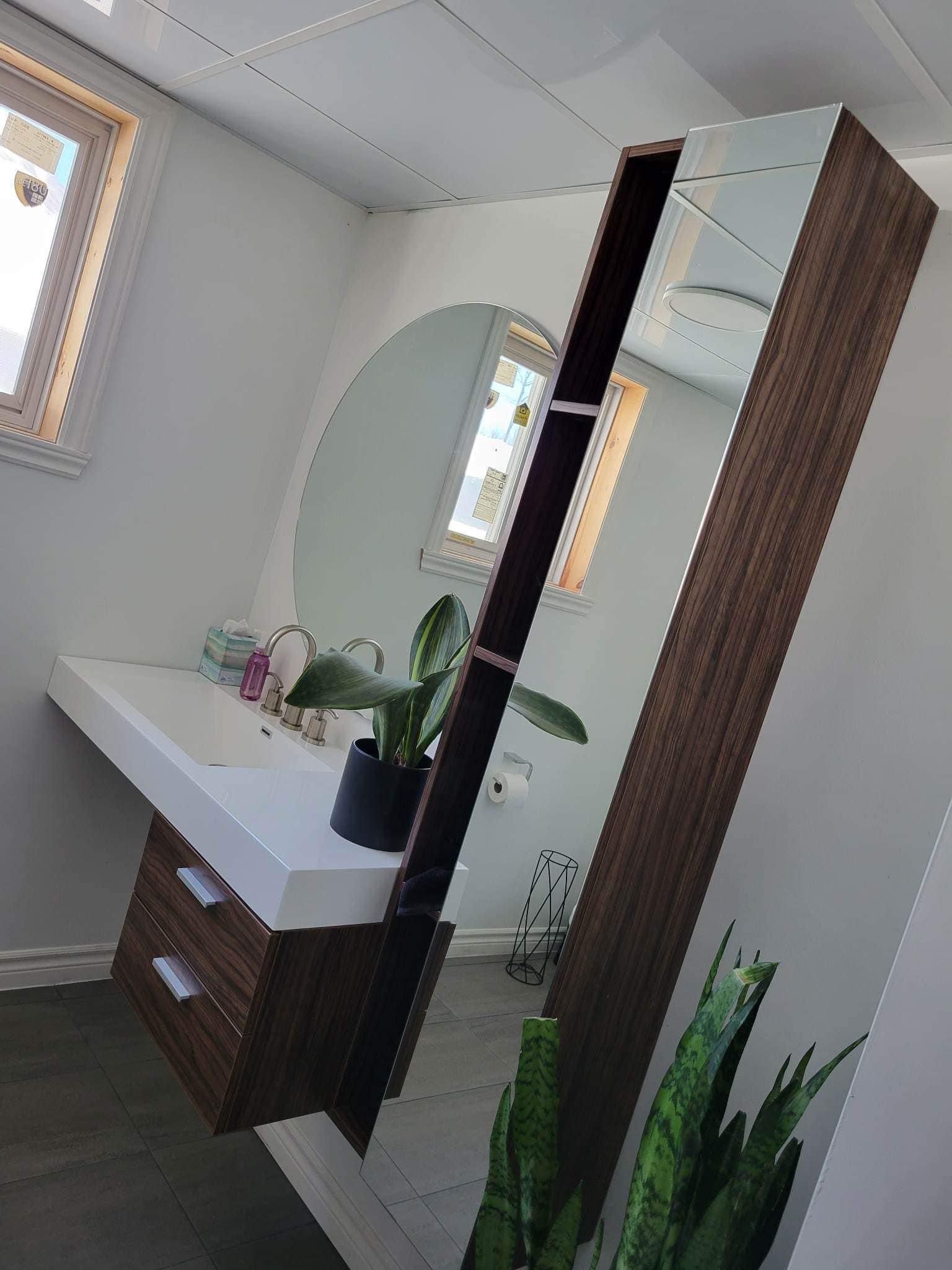 Coiffeuse avec miroir, tiroirs et plante dans une pièce avec fenêtre, couleurs blanc et marron.