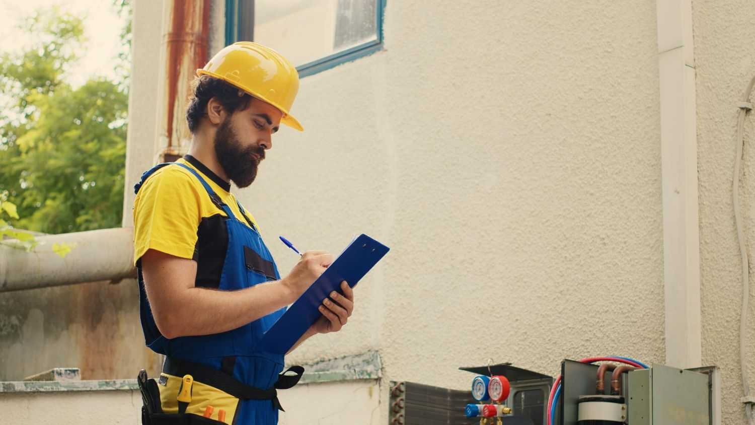 Construction worker in yellow hard hat and blue overalls writing on clipboard.